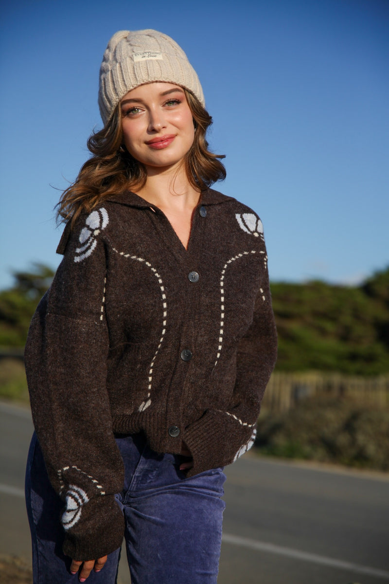 Chestnut Lane Button Front Flap Collar Novelty Cardigan- Chocolate/Blue