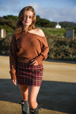 Gather in Bliss Plaid Stretch Mini Skirt- Burgundy