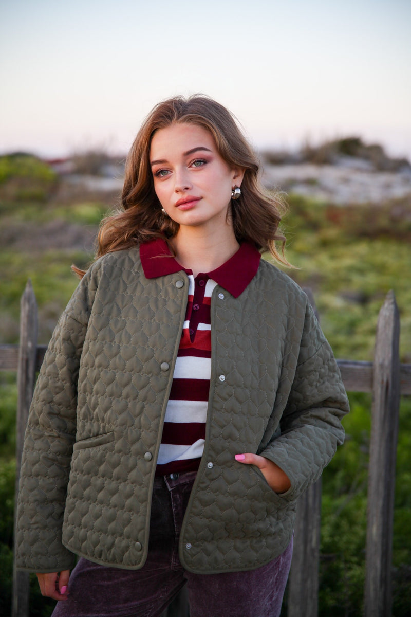 Love Is Loud Quilted Collarless Heart Jacket- Olive