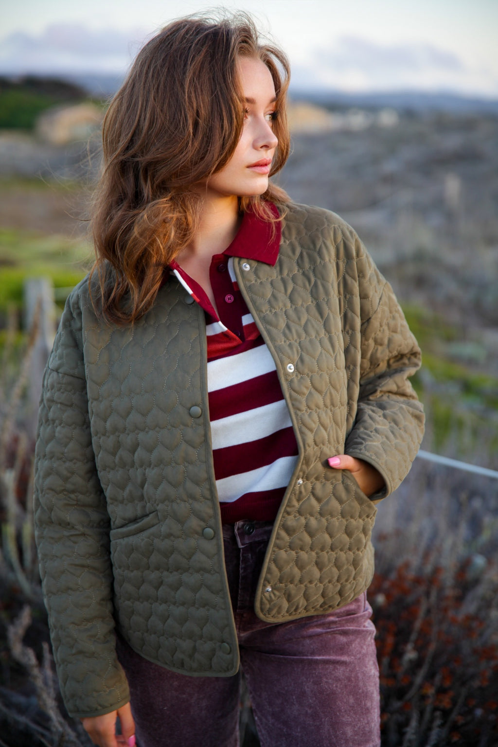 Love Is Loud Quilted Collarless Heart Jacket- Olive