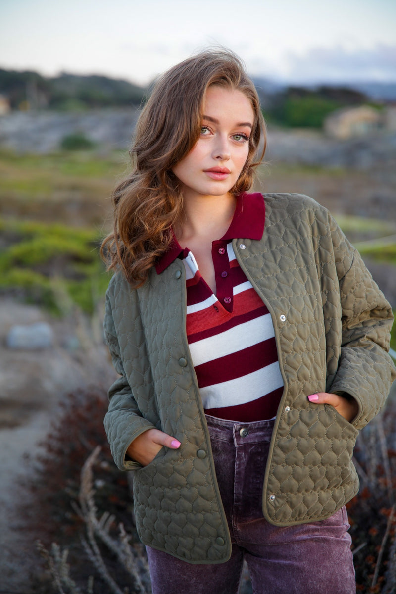 Love Is Loud Quilted Collarless Heart Jacket- Olive