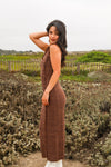Falling Leaves Dual Tone Sweater Maxi Dress Frayed Hem- Brown