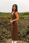 Falling Leaves Dual Tone Sweater Maxi Dress Frayed Hem- Brown
