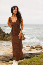 Falling Leaves Dual Tone Sweater Maxi Dress Frayed Hem- Brown