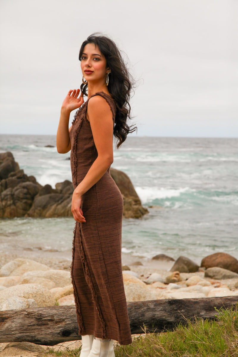 Falling Leaves Dual Tone Sweater Maxi Dress Frayed Hem- Brown