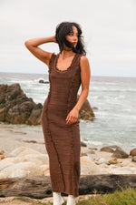 Falling Leaves Dual Tone Sweater Maxi Dress Frayed Hem- Brown