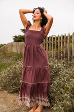 Sugar Plum Embroidered Flutter Sleeve Maxi Dress Smocked Bodice- Wine