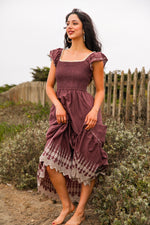 Sugar Plum Embroidered Flutter Sleeve Maxi Dress Smocked Bodice- Wine