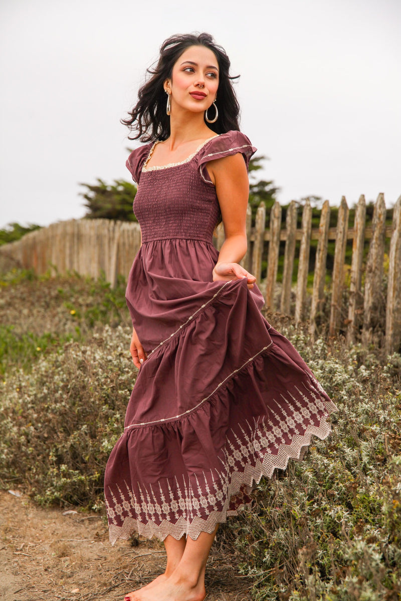 Sugar Plum Embroidered Flutter Sleeve Maxi Dress Smocked Bodice- Wine