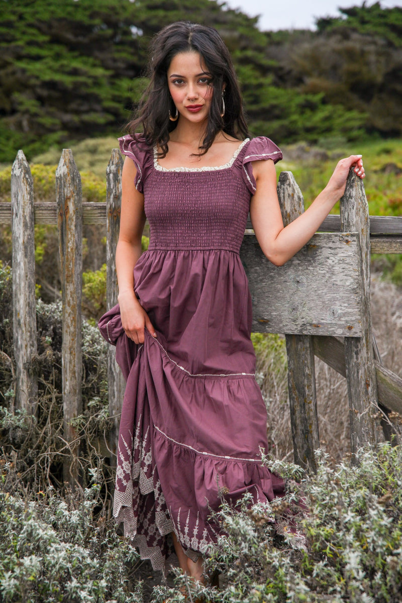 Sugar Plum Embroidered Flutter Sleeve Maxi Dress Smocked Bodice- Wine