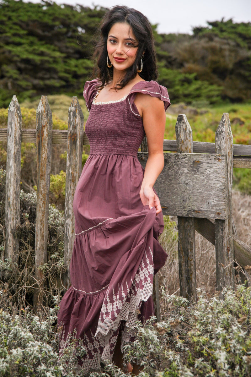 Sugar Plum Embroidered Flutter Sleeve Maxi Dress Smocked Bodice- Wine