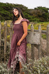 Sugar Plum Embroidered Flutter Sleeve Maxi Dress Smocked Bodice- Wine