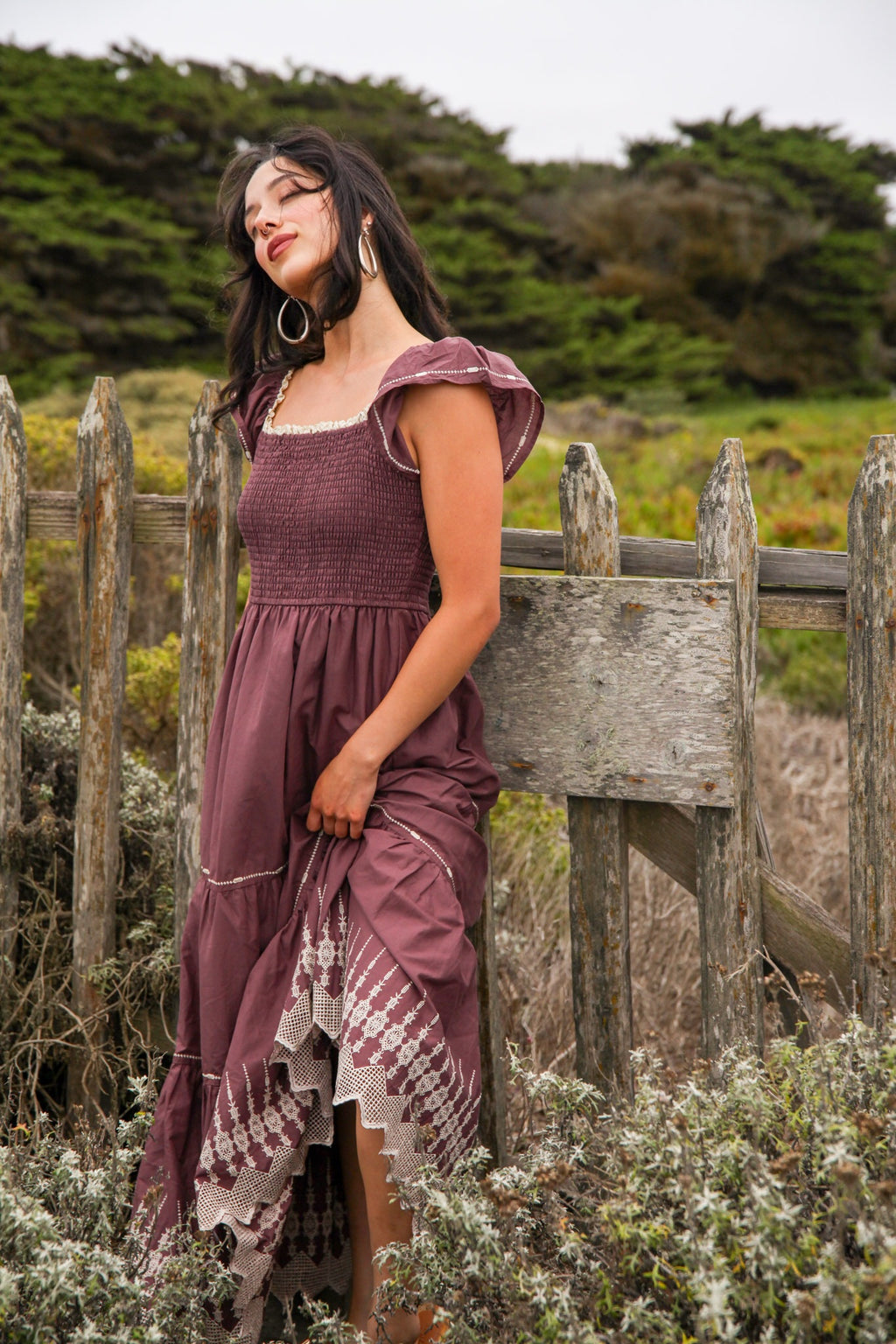 Sugar Plum Embroidered Flutter Sleeve Maxi Dress Smocked Bodice- Wine