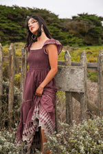 Sugar Plum Embroidered Flutter Sleeve Maxi Dress Smocked Bodice- Wine