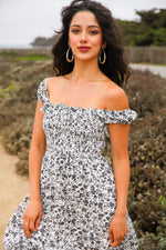 Autumn Bliss Floral Maxi Dress Smocked Bodice- Black/White
