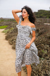 Autumn Bliss Floral Maxi Dress Smocked Bodice- Black/White