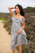Autumn Bliss Floral Maxi Dress Smocked Bodice- Black/White