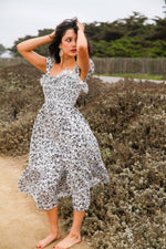 Autumn Bliss Floral Maxi Dress Smocked Bodice- Black/White
