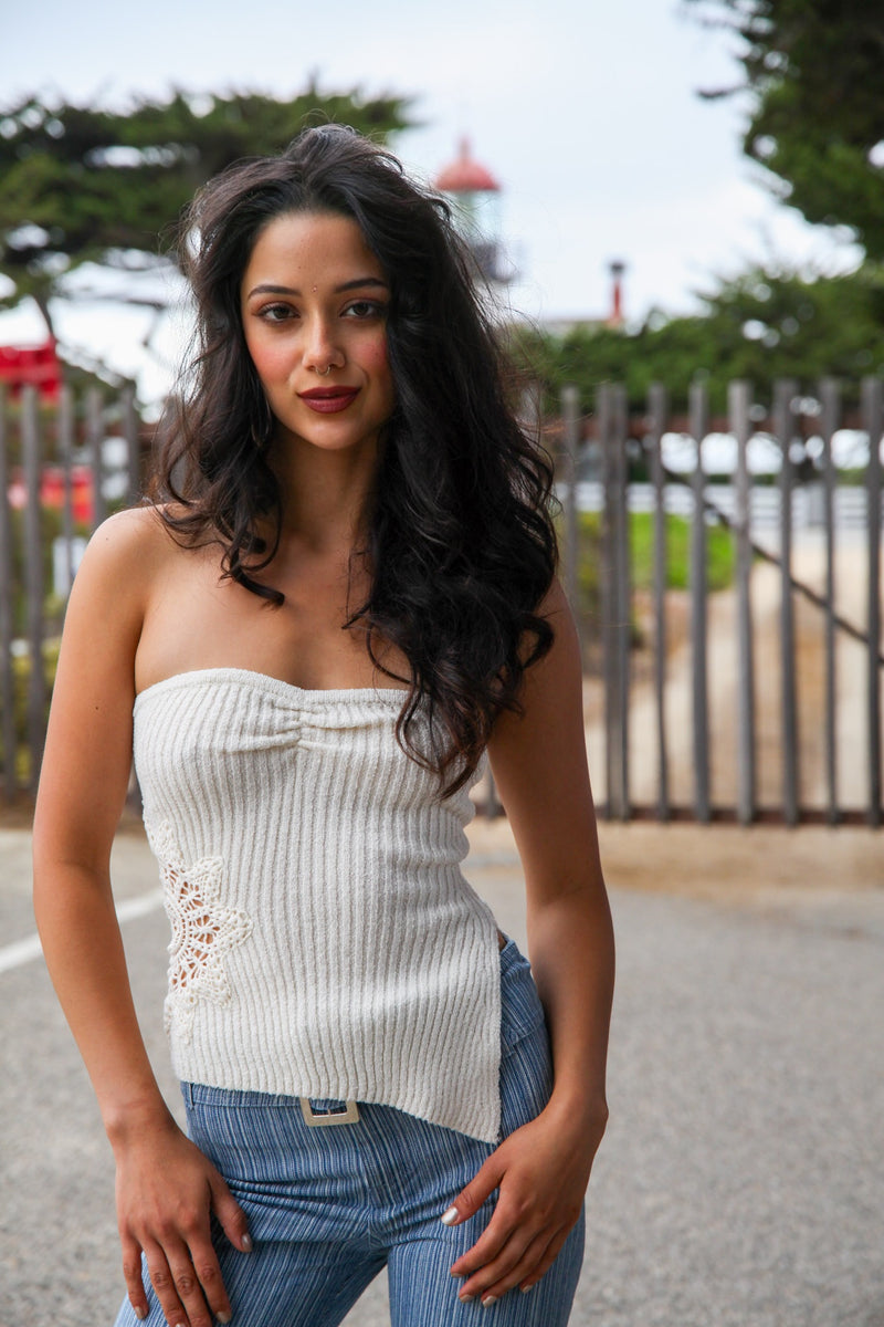 Siren Song Strapless Medallion Crochet Top- Ivory