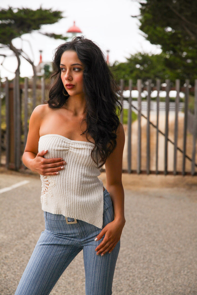 Siren Song Strapless Medallion Crochet Top- Ivory