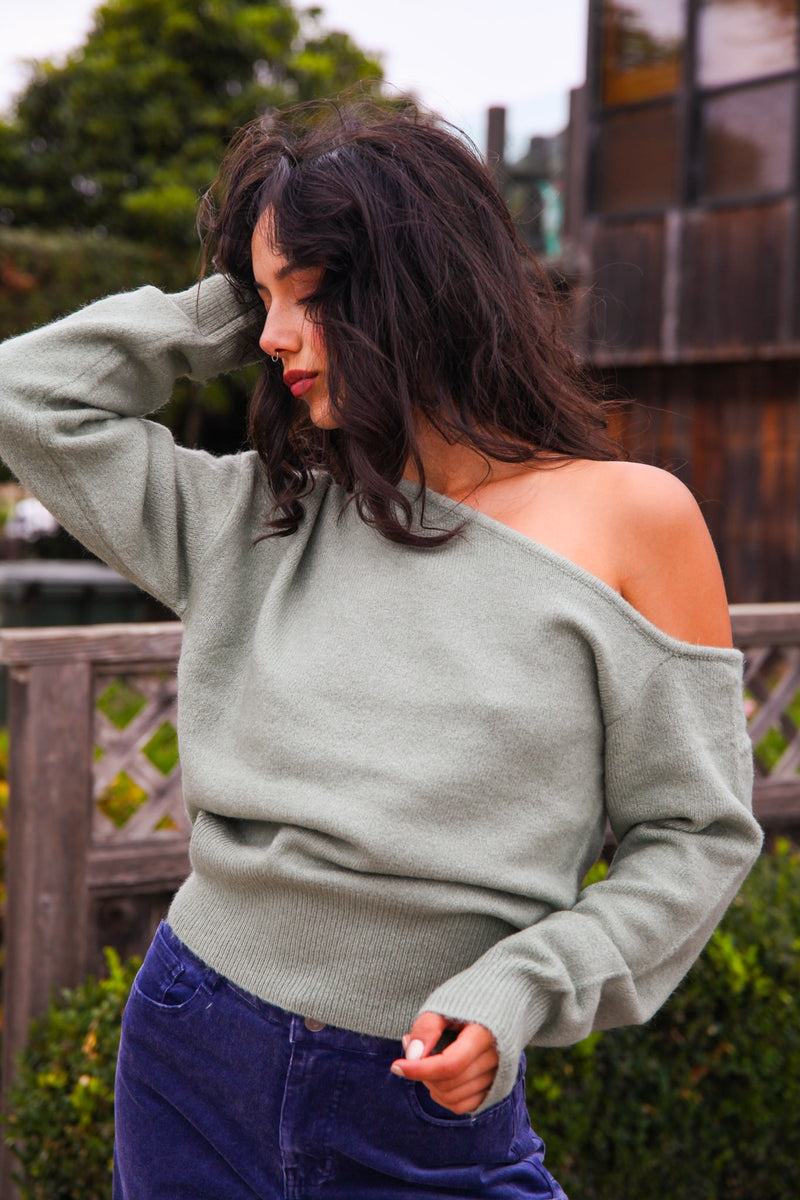 Lizzie Off Shoulder Sweater- Sage
