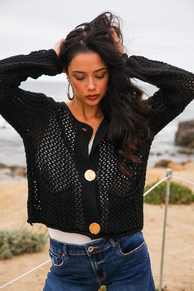Golden Loop Hammered Button Crochet Cardigan- Black