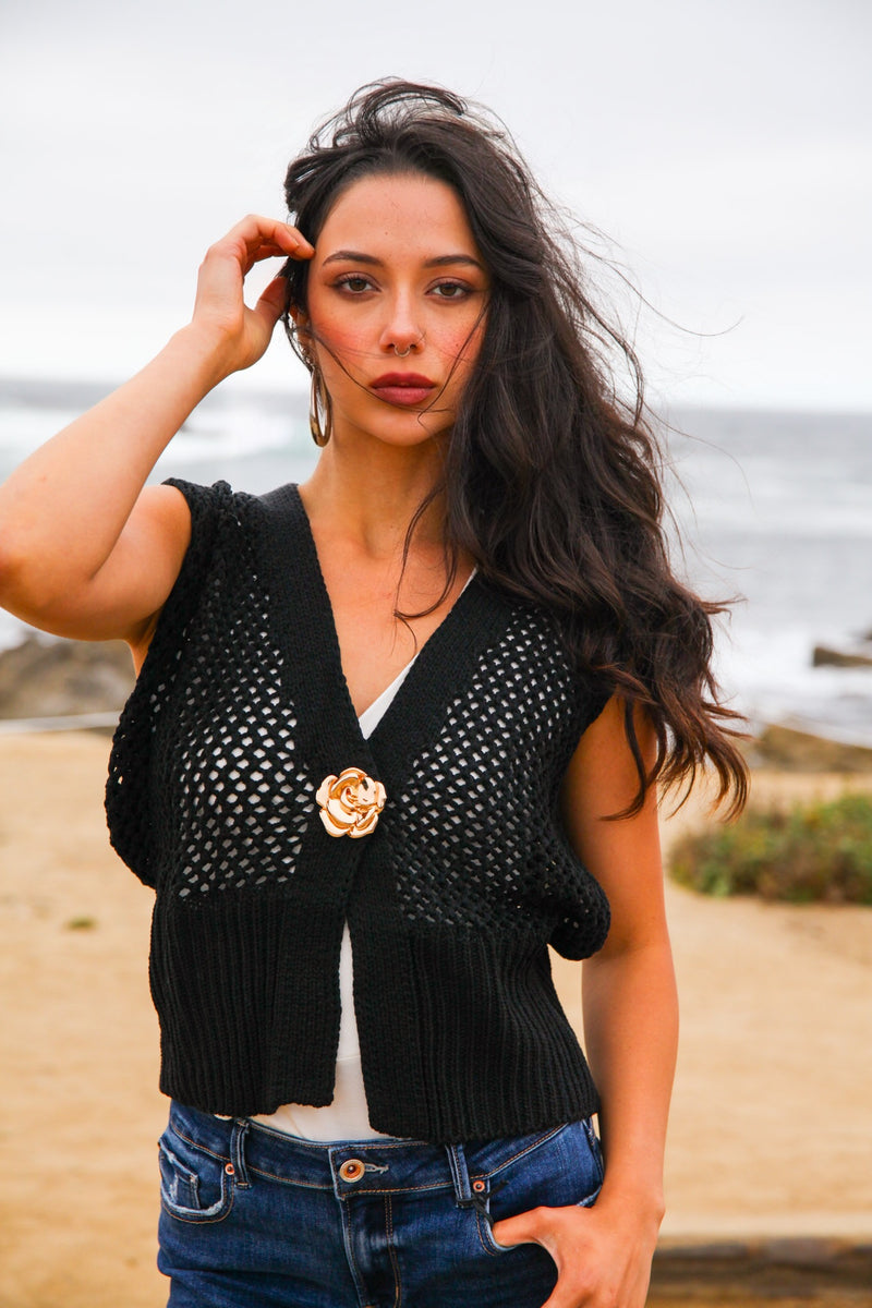 Coastal Crush Crochet Vest Rosette Button- Black