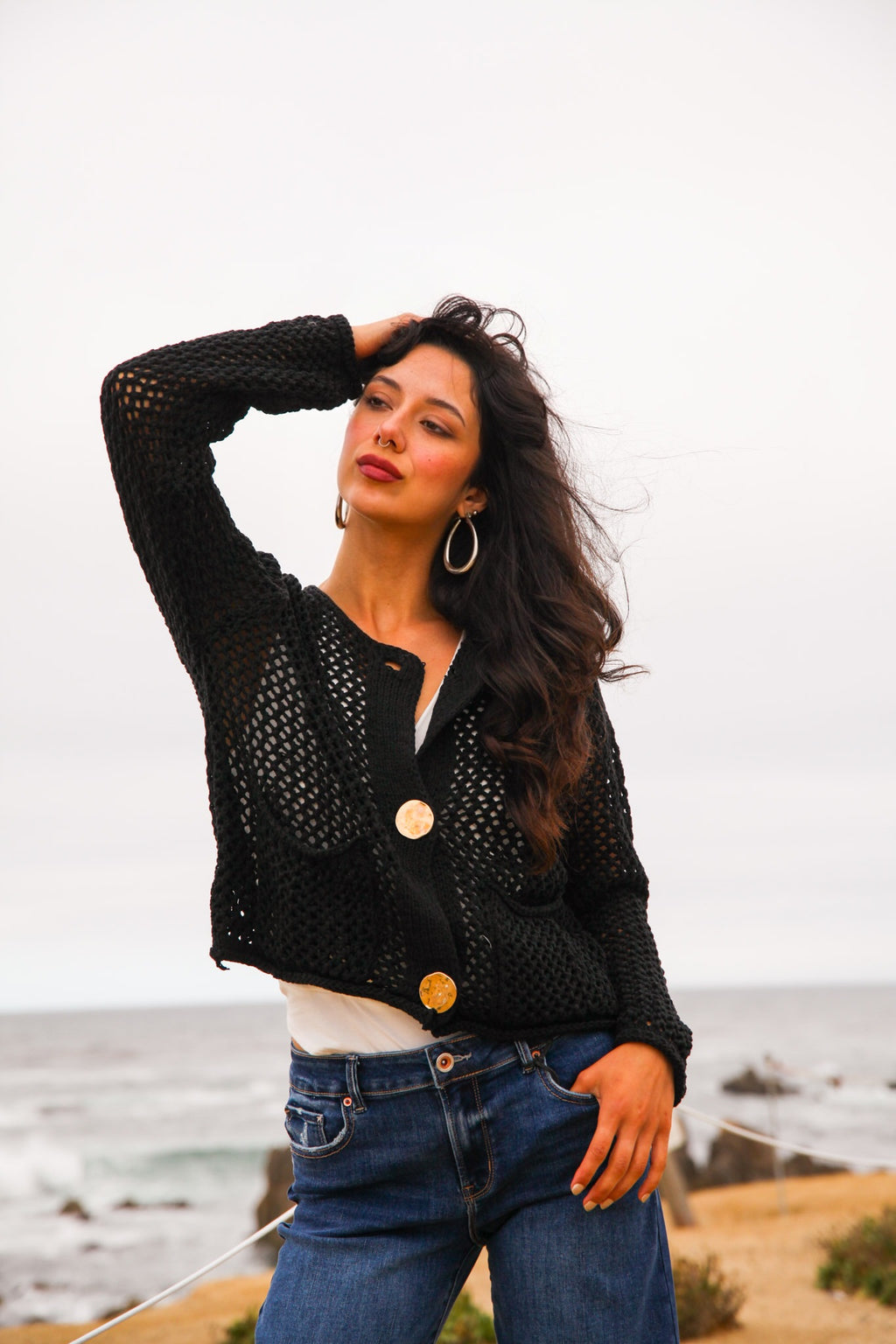 Golden Loop Hammered Button Crochet Cardigan- Black