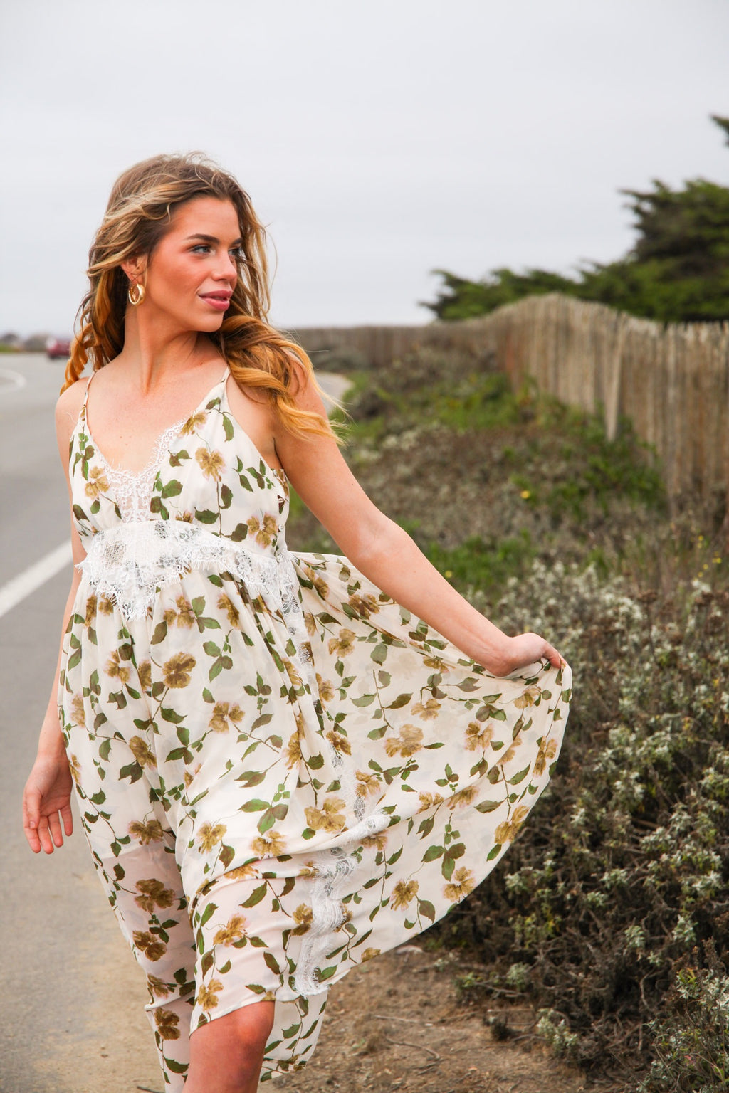 Wild Aster Slip Dress Greenery Floral Print Lace Trim Button Sides- Cream/Green