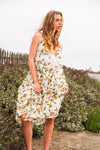 Wild Aster Slip Dress Greenery Floral Print Lace Trim Button Sides- Cream/Green