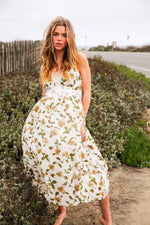 Wild Aster Slip Dress Greenery Floral Print Lace Trim Button Sides- Cream/Green