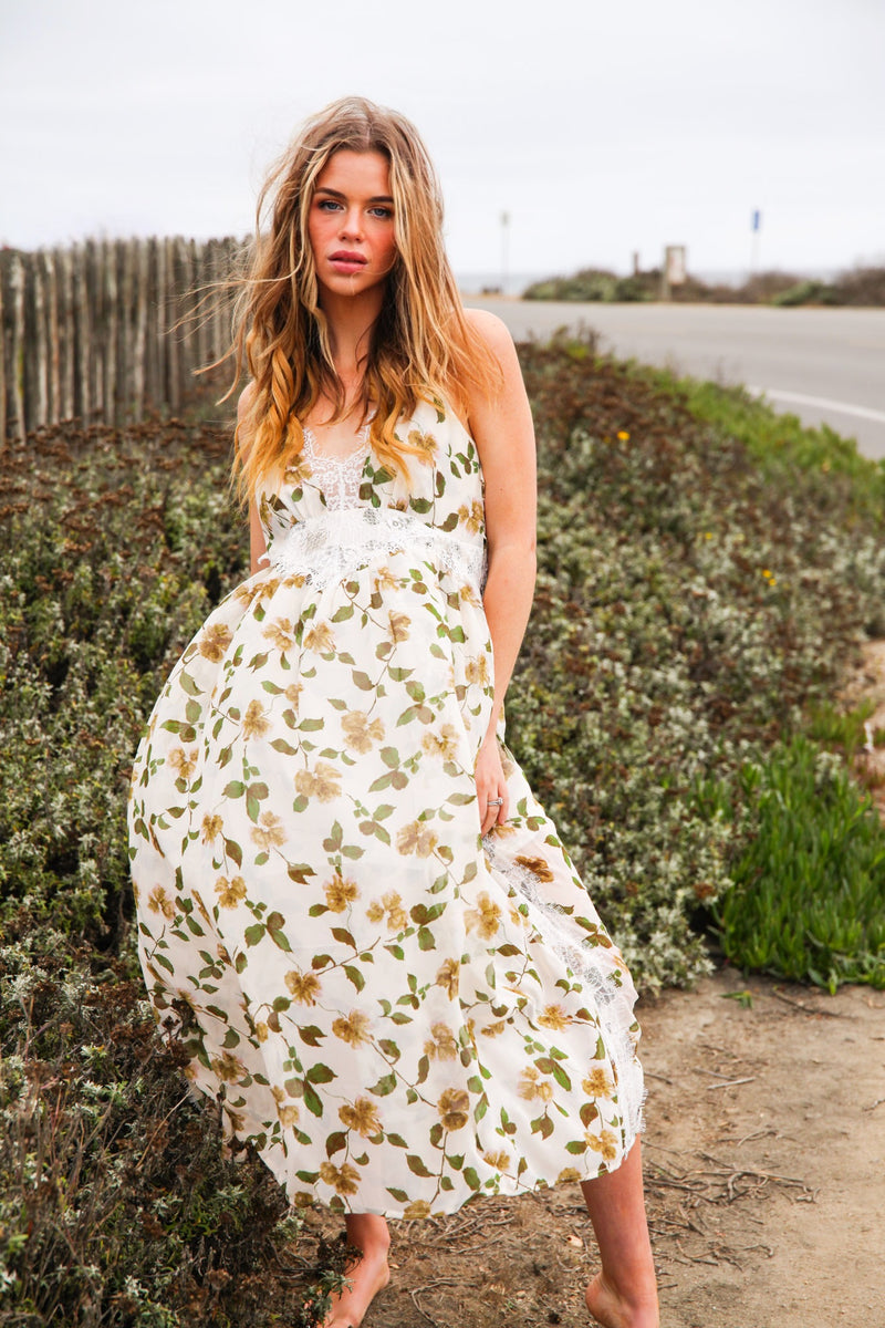 Wild Aster Slip Dress Greenery Floral Print Lace Trim Button Sides- Cream/Green