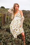 Wild Aster Slip Dress Greenery Floral Print Lace Trim Button Sides- Cream/Green