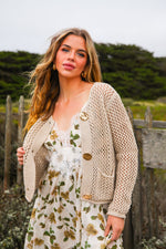 Golden Loop Hammered Button Crochet Cardigan- Tan
