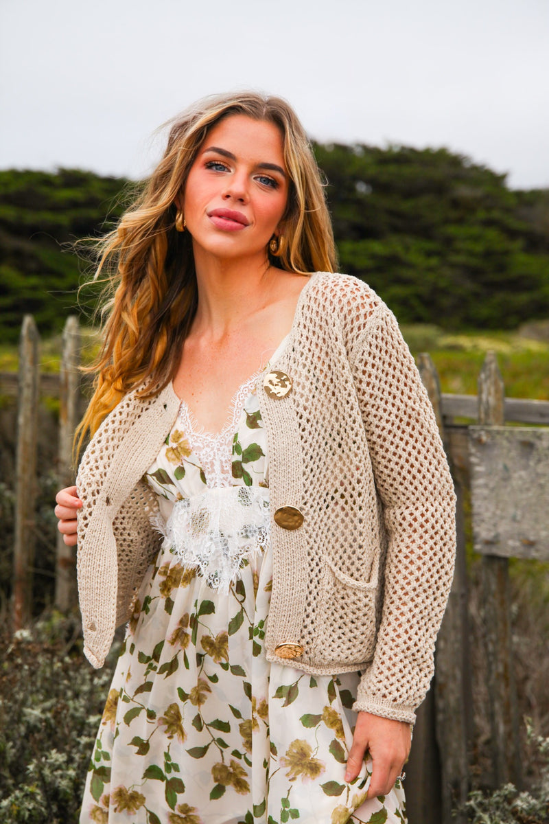Golden Loop Hammered Button Crochet Cardigan- Tan