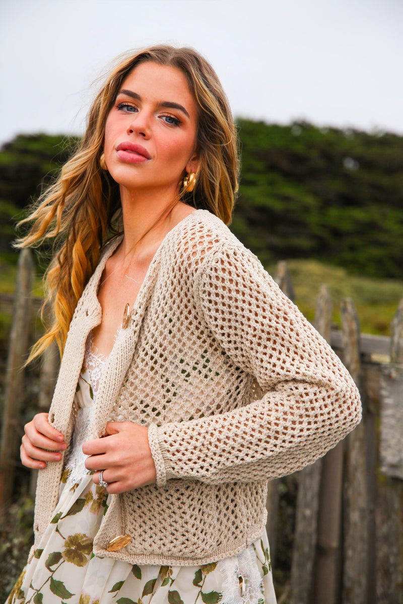 Golden Loop Hammered Button Crochet Cardigan- Tan
