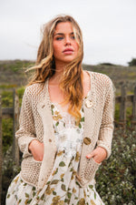 Golden Loop Hammered Button Crochet Cardigan- Tan
