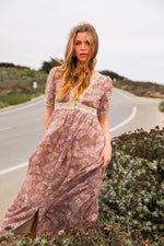 Dahlia Dance Floral Lace Detail Maxi Dress Short Sleeve- Lavender