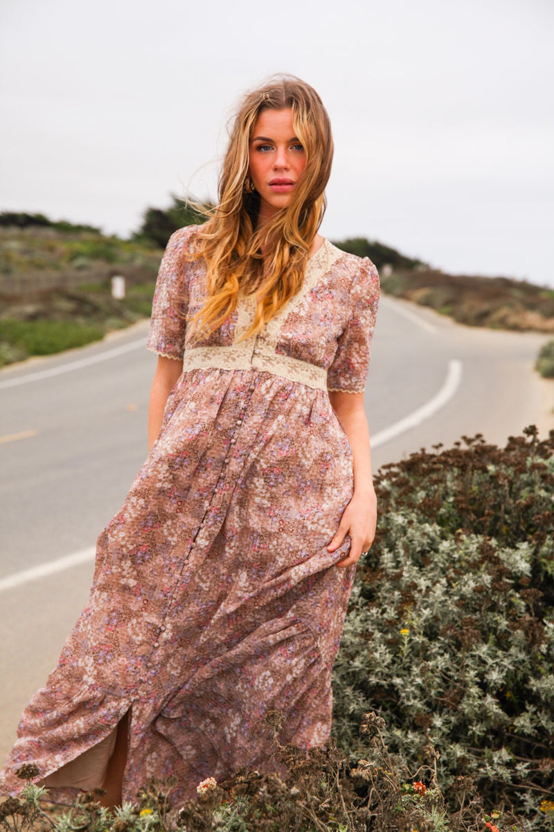Dahlia Dance Floral Lace Detail Maxi Dress Short Sleeve- Lavender