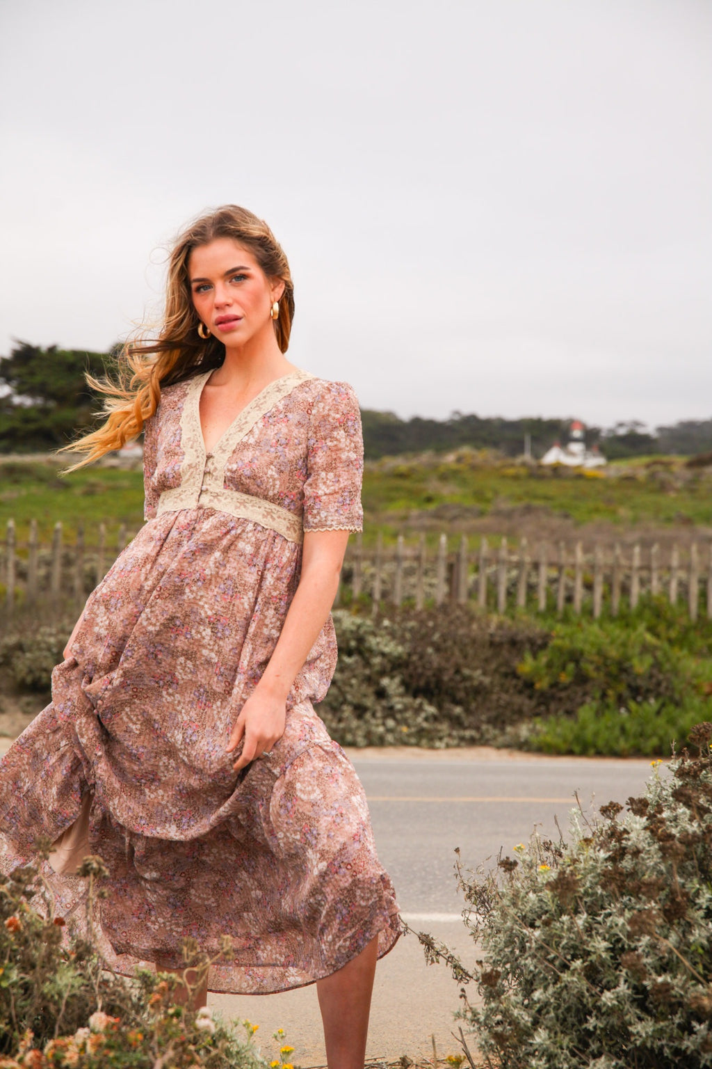 Dahlia Dance Floral Lace Detail Maxi Dress Short Sleeve- Lavender