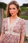 Dahlia Dance Floral Lace Detail Maxi Dress Short Sleeve- Lavender