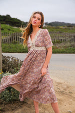 Dahlia Dance Floral Lace Detail Maxi Dress Short Sleeve- Lavender