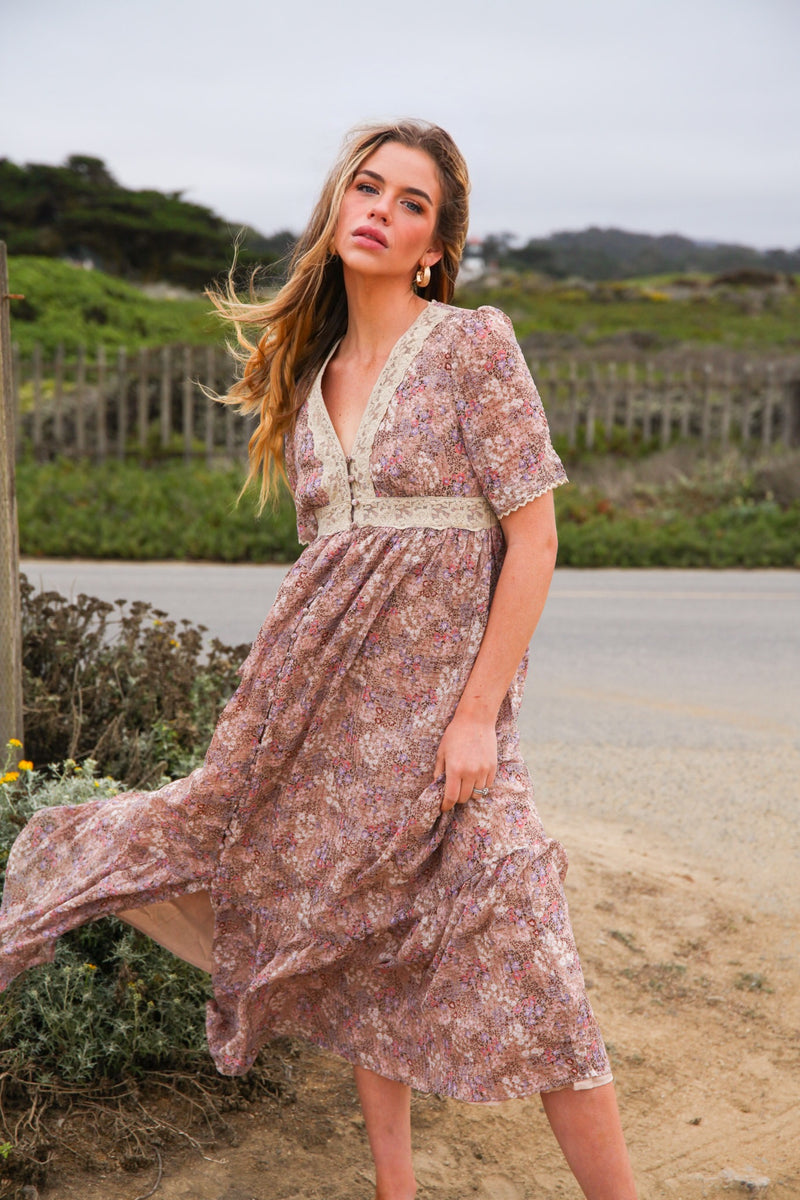 Dahlia Dance Floral Lace Detail Maxi Dress Short Sleeve- Lavender
