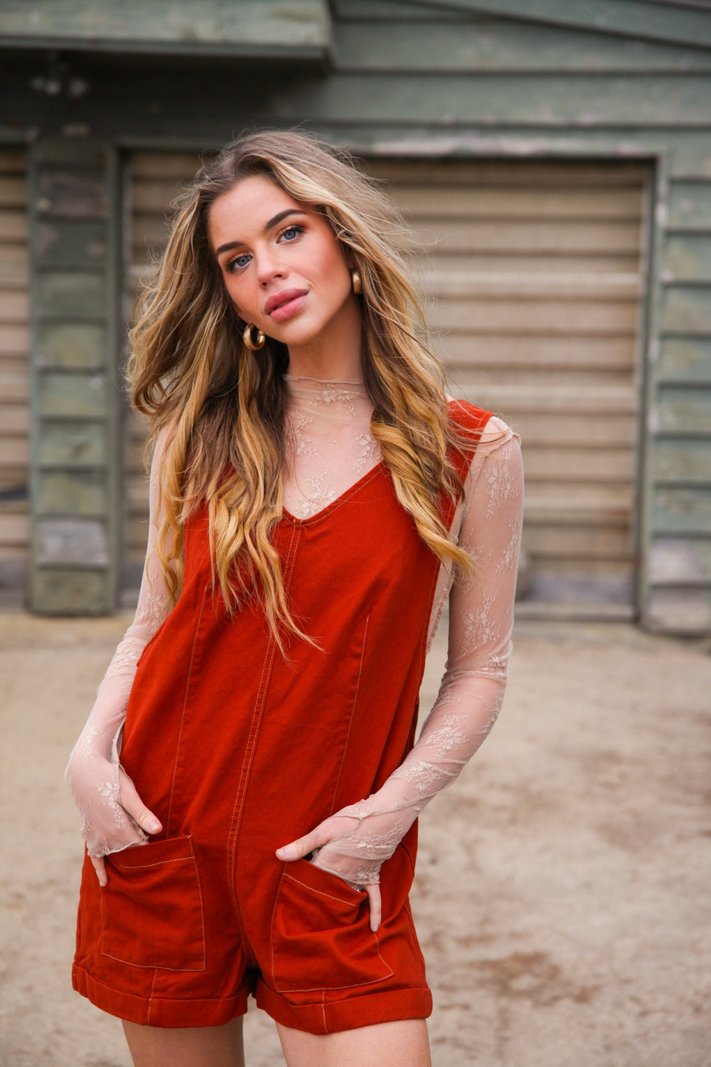 Pumpkin Path Romper Overalls Cotton- Rust