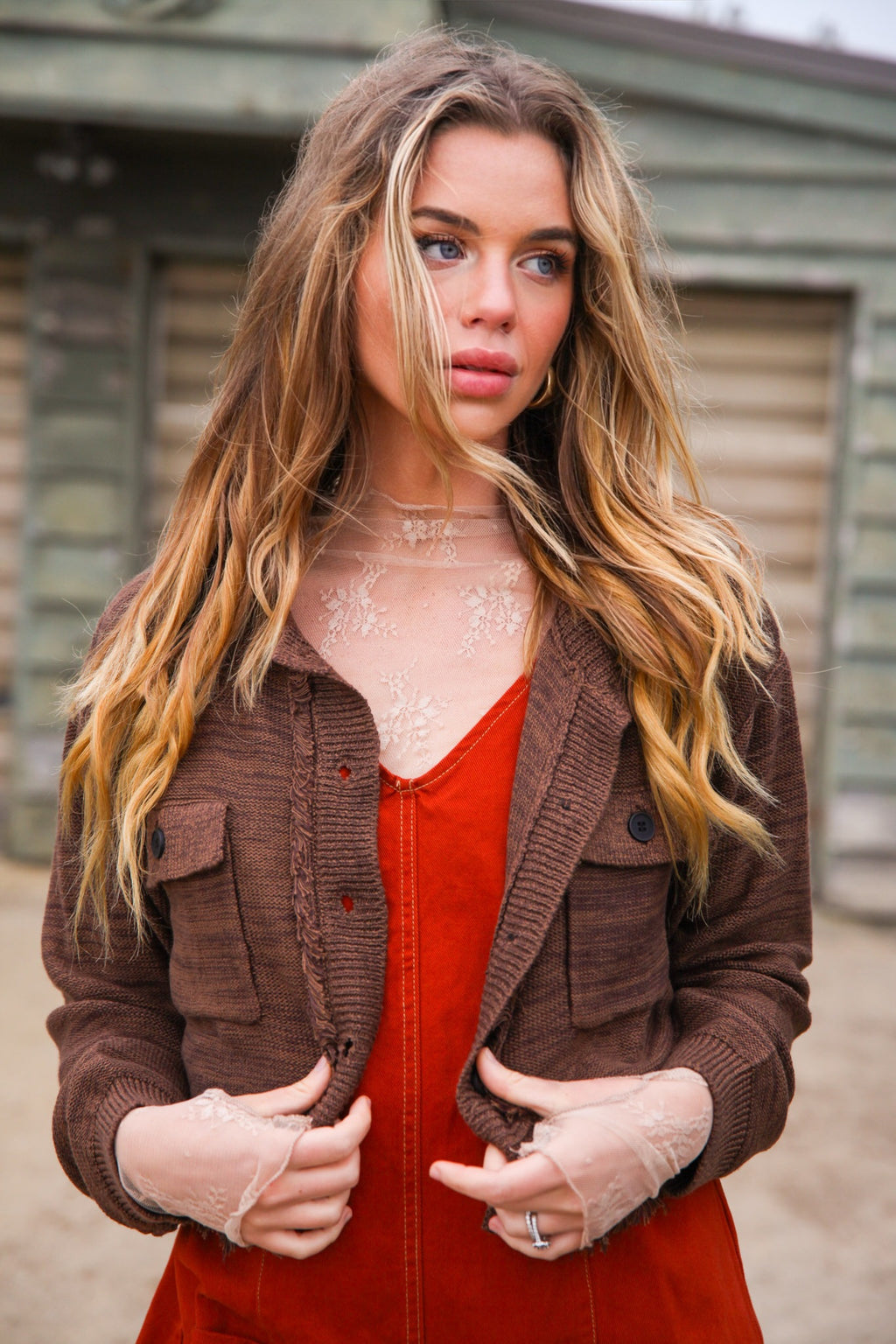 Caramel Skies Dual Tone Frayed Hem Cardigan Jacket- Brown