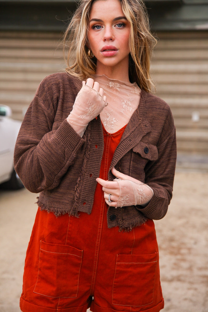 Caramel Skies Dual Tone Frayed Hem Cardigan Jacket- Brown