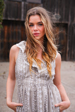 Rustling Petals Printed Sleeveless Maxi Dress Ruffle Lace Detail- Taupe