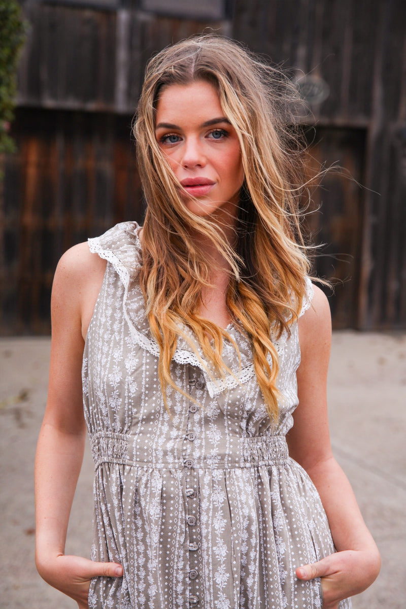 Rustling Petals Printed Sleeveless Maxi Dress Ruffle Lace Detail- Taupe