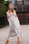 Rustling Petals Printed Sleeveless Maxi Dress Ruffle Lace Detail- Taupe