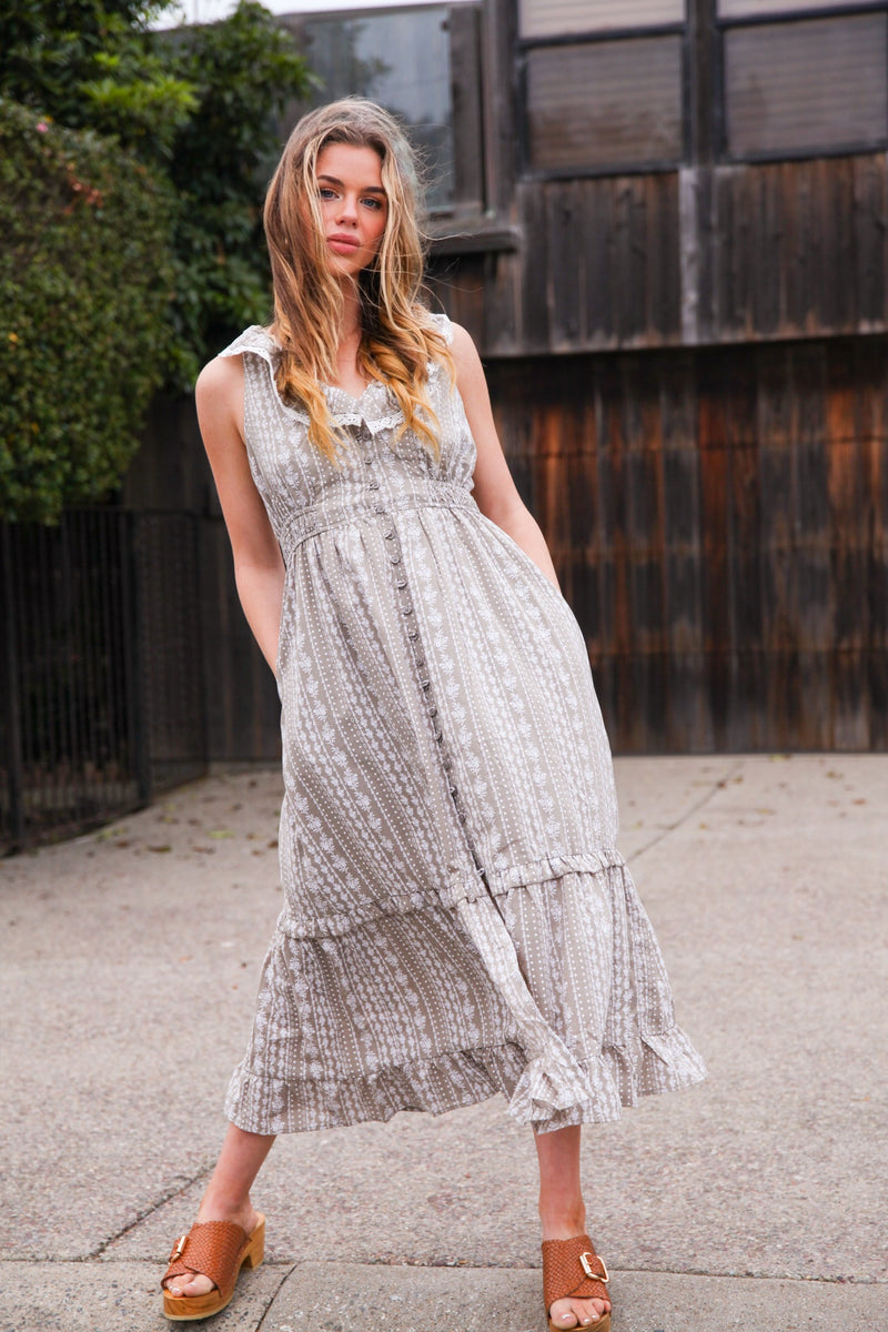 Rustling Petals Printed Sleeveless Maxi Dress Ruffle Lace Detail- Taupe